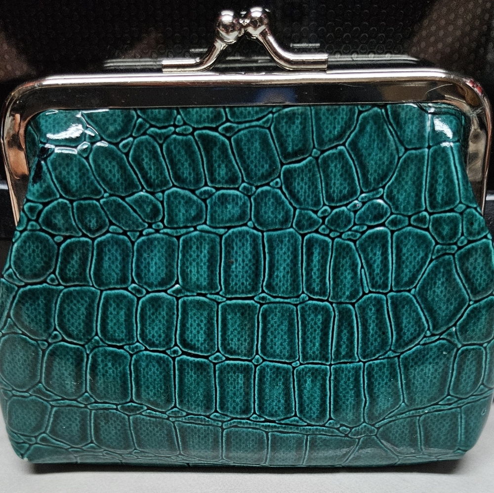 Teal Faux Crocodile Embossed Women's Coin Purse 5x4"